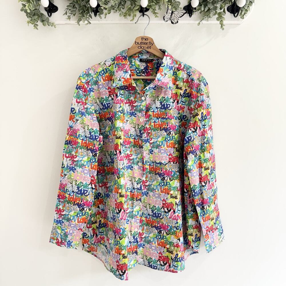 Women’s APNY Graffiti Spray Multicolor “love” Graphic Button Down Shirt Large kD
